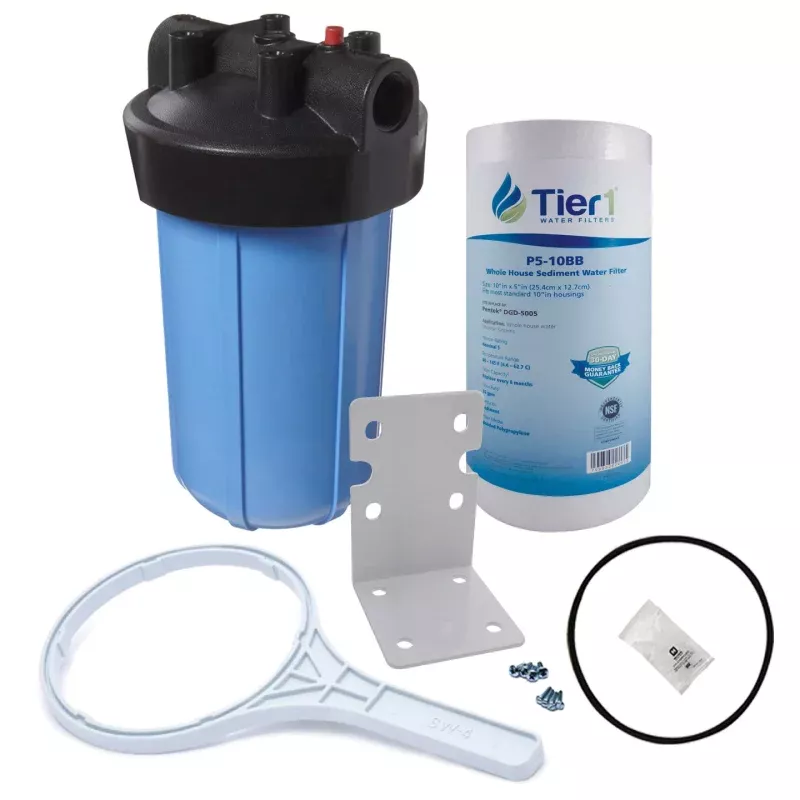 10 inch Big Polypropylene Filter Housing with Pressure Release and Sediment Filter Kit by Tier1 (1 inch Inlet/Outlet)