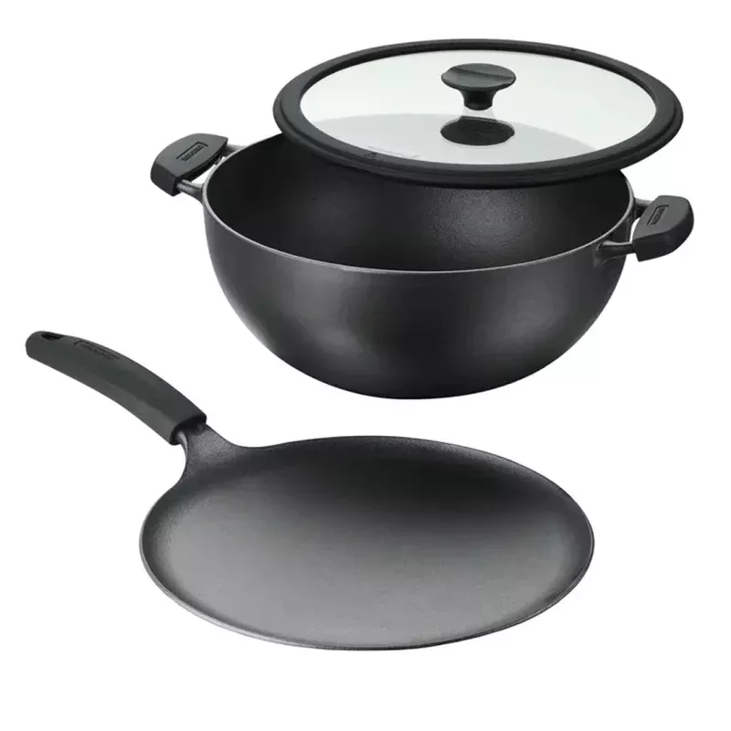 3-piece Cast Iron 7-quart Deep Kadai & Flat Tawa Cookware Set