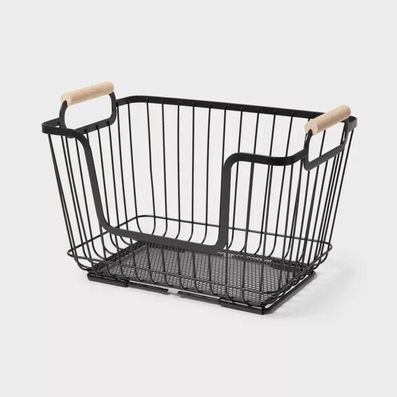 Metal Stackable Wire Pantry Basket with Rubber Wood Handle - Black