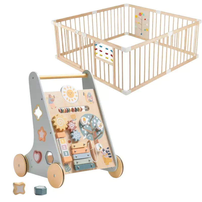 Natural Play & Explore Bundle Wooden Playpen & Baby Push Walker