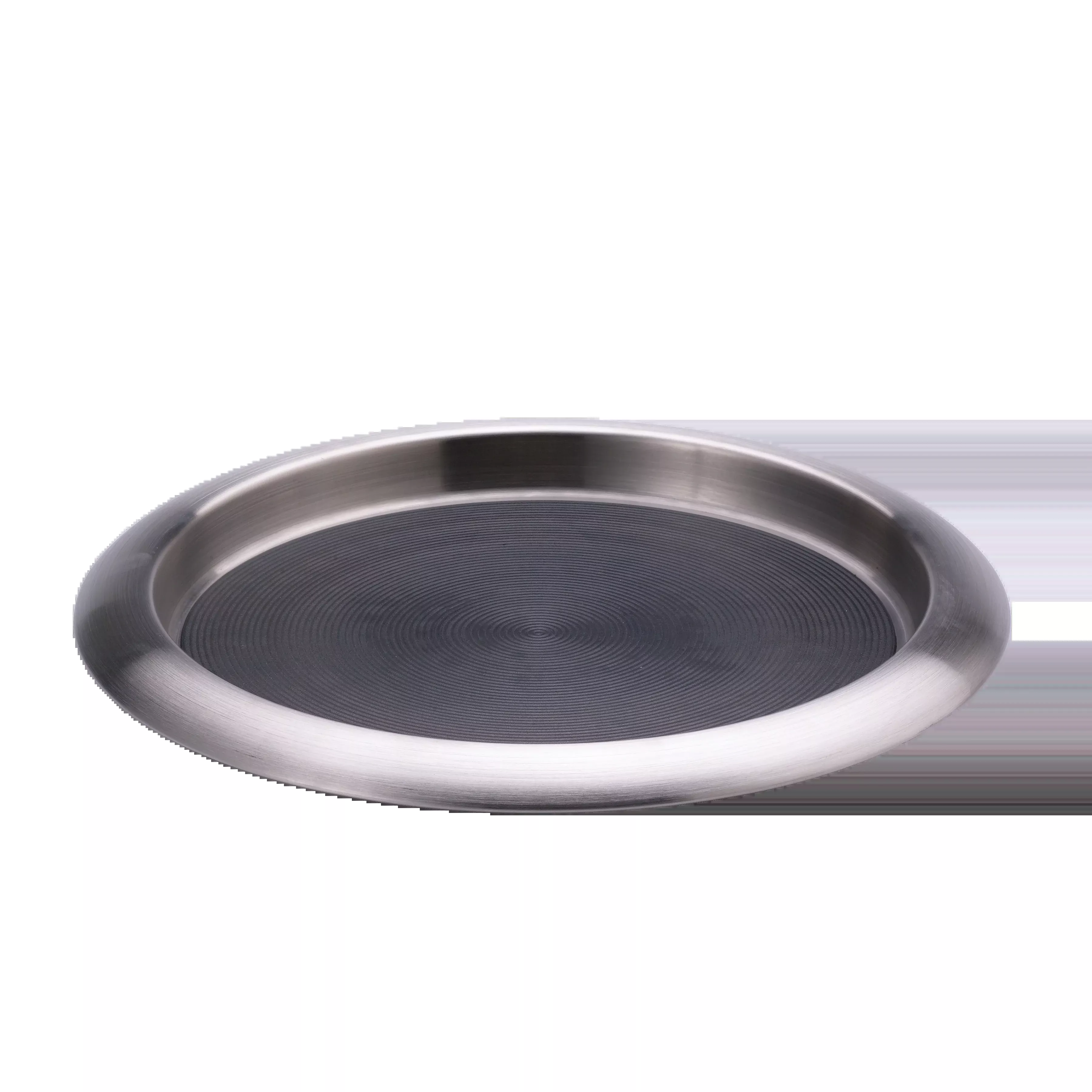 Non-Slip Silicone Surface 11 in. Small Round Serving Tray in Brushed Stainless and Black