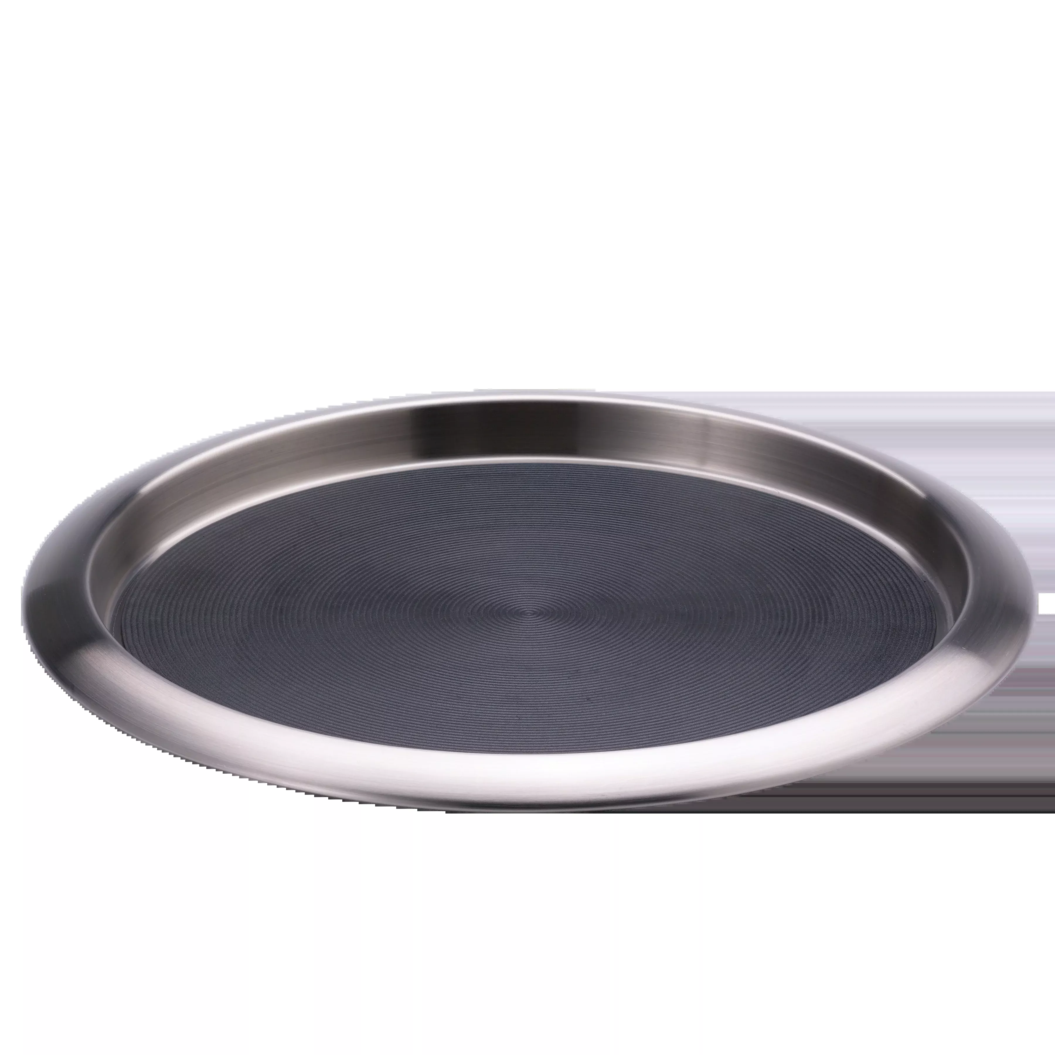 Non-Slip Silicone Surface 14 in. Medium Round Serving Tray in Brushed Stainless and Black