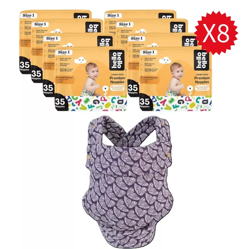 Violet Wings Baby Carrier + 280 Size 1 Diapers Bundle